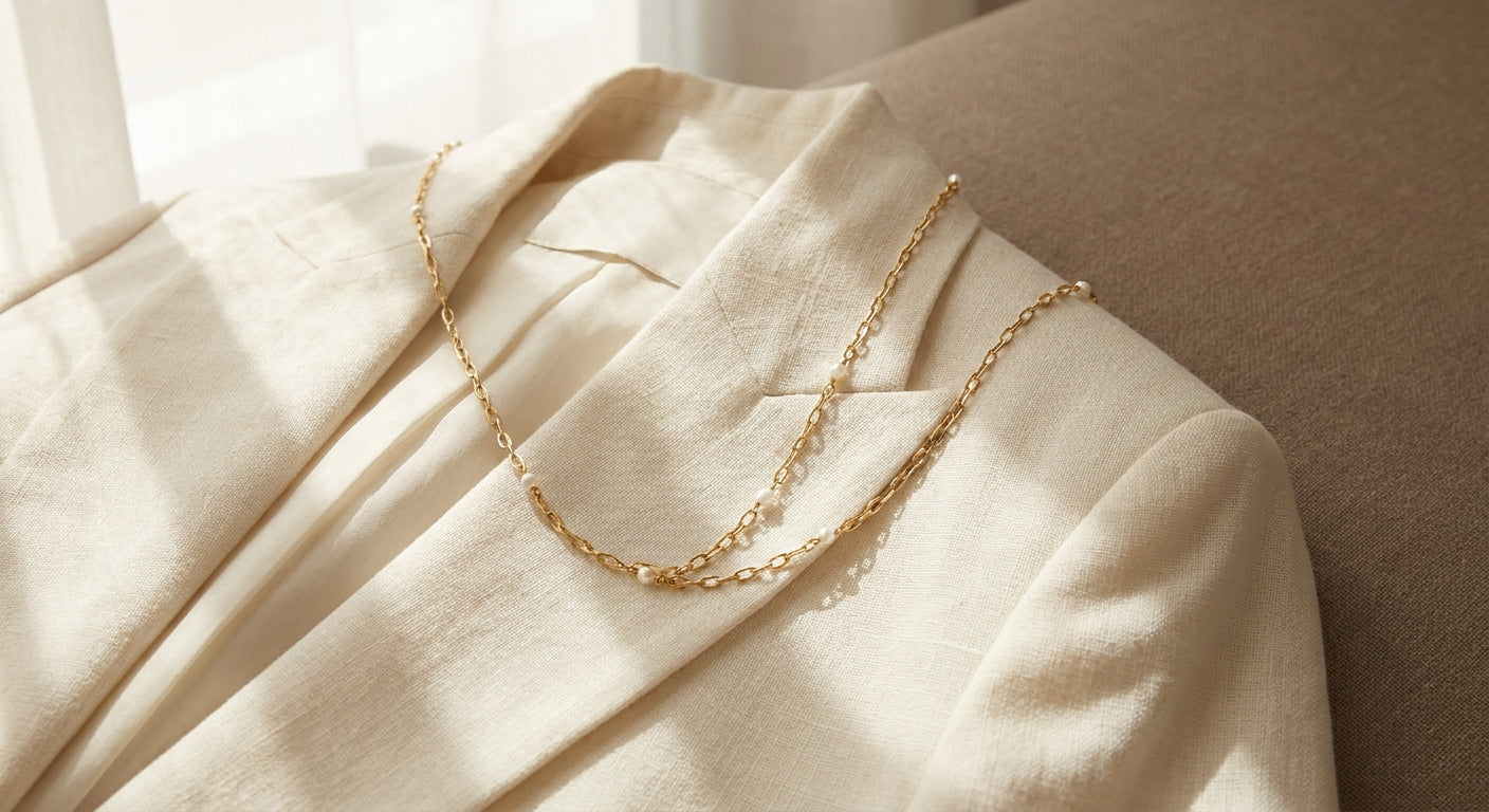 A delicate eyewear retainer chain draped like a necklace across the collar of a neutral linen blazer in soft natural light.